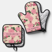 ピンクの花、花のパターン、あなたの名前 鍋つかみ&鍋敷きセット (正面/裏面)