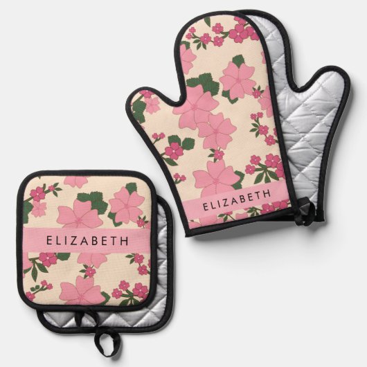 ピンクの花、花のパターン、あなたの名前 鍋つかみ&鍋敷きセット (正面/裏面)