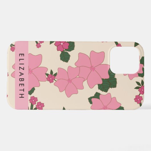 ピンクの花、花のパターン、あなたの名前 iPhoneケース (裏面横)