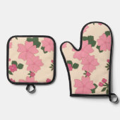 ピンクの花、花柄、花柄 鍋つかみ&鍋敷きセット (正面)