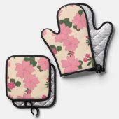ピンクの花、花柄、花柄 鍋つかみ&鍋敷きセット (正面/裏面)