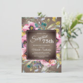 ピンクの花+葉+ラスティックブラウンの75歳の誕生日 招待状 (スタンド正面)