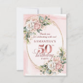 ピンクの花 薔薇金 50歳の誕生日お礼 サンキューカード (正面)