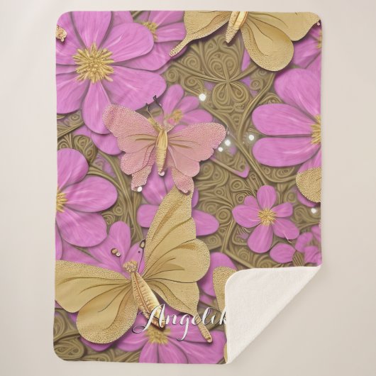 ピンクの花、金ゴールド、蝶とあなたの名前 シェルパブランケット (正面)