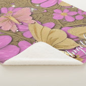 ピンクの花、金ゴールド、蝶とあなたの名前 シェルパブランケット (3/4)