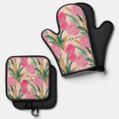 ピンクの花 鍋つかみ&鍋敷きセット (正面/裏面)