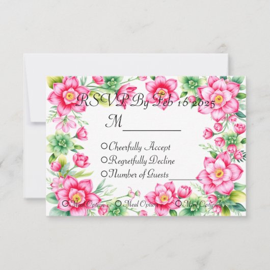 ピンクの花 食事オプション付きレスポンスカード 出欠カード (正面)