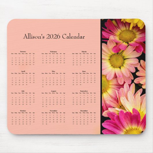 ピンクの花:2026年カレンダーをカスタマイズ マウスパッド (正面)