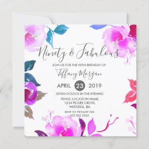 ピンクの花 Ninety & Fabulous 90歳の誕生日パーティー 招待状