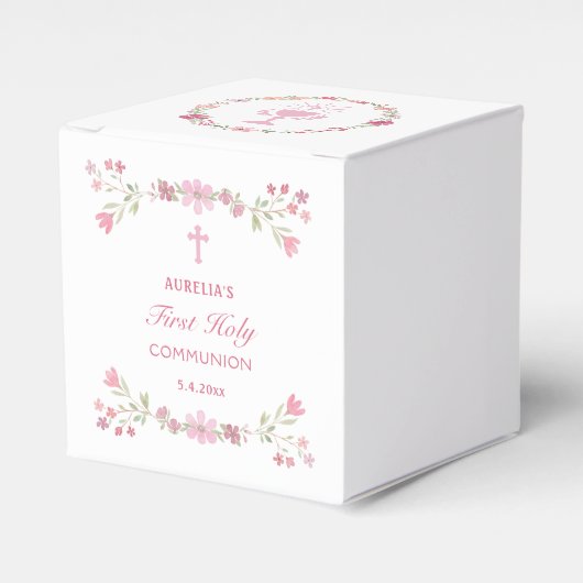 ピンクの花First Communion Cube フェイバーボックス (正面サイド)