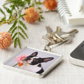 ピンクの花Keychainを持つボストンテリア犬 キーホルダー (側面)