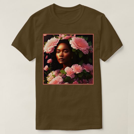 ピンクの花Tシャツを着た美しい黒人女性 Tシャツ (デザイン正面)