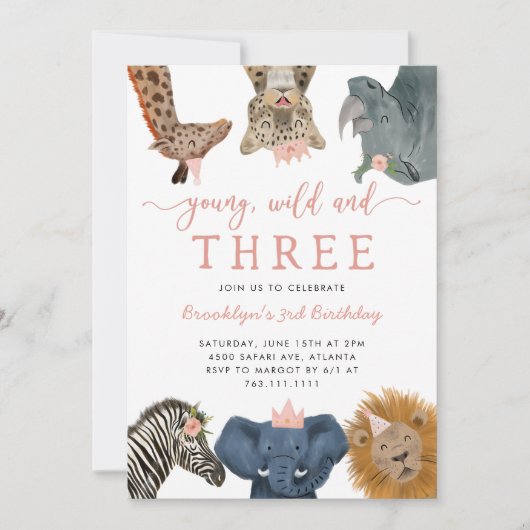 ピンクの若い野生と3つのサファリの誕生日パーティー 招待状 (正面)