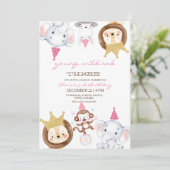 ピンクの若い野生と3動物の誕生日パーティー 招待状 (スタンド正面)