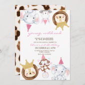 ピンクの若い野生と3動物の誕生日パーティー 招待状 (正面/裏面)