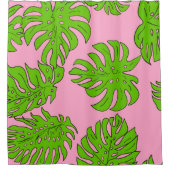 ピンクの若草色の葉パターン シャワーカーテン (正面)