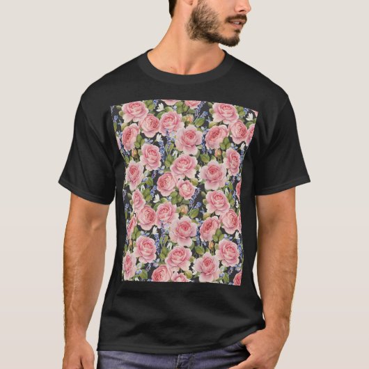 ピンクの英語バラ:ダークウォーター色 Tシャツ (正面)