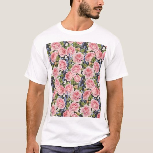 ピンクの英語バラ:ダークウォーター色 Tシャツ (正面)