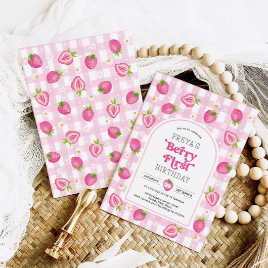 ピンクの苺のフルーツ ファースト 1歳の誕生日 女の子 招待状