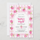 ピンクの苺のフルーツ ファースト 1歳の誕生日 女の子 招待状 (正面)