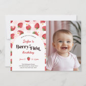 ピンクの苺の女の子の写真 ベリー 1歳の誕生日 招待状 (正面)