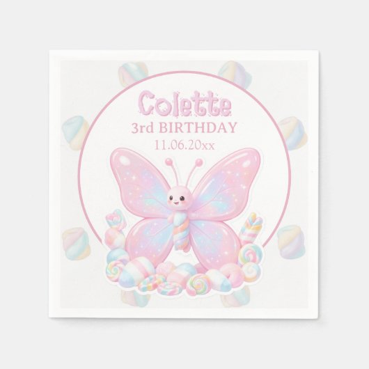 ピンクの苺の蝶の誕生日 スタンダードカクテルナプキン (正面)