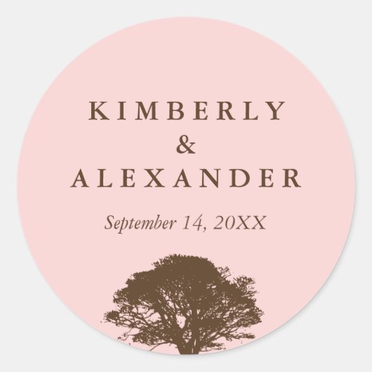 ピンクの茶色のオークの木の結婚式の引き出物のラベルシール ラウンドシール (正面)