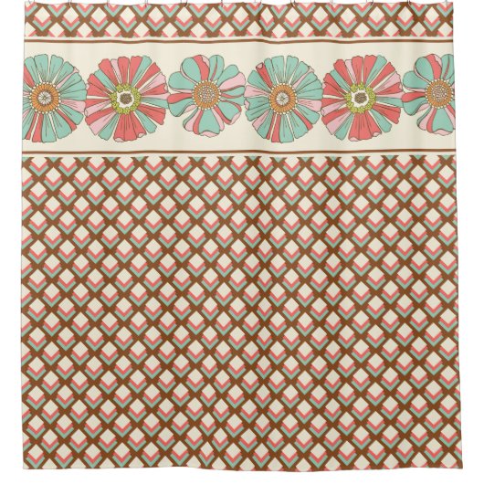 ピンクの茶色のクリーム幾何学的レトロ正方形の花 シャワーカーテン (正面)