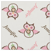 ピンクの茶色のフクロウ、花と名前パーソナライズされた ファブリック (クローズアップ)