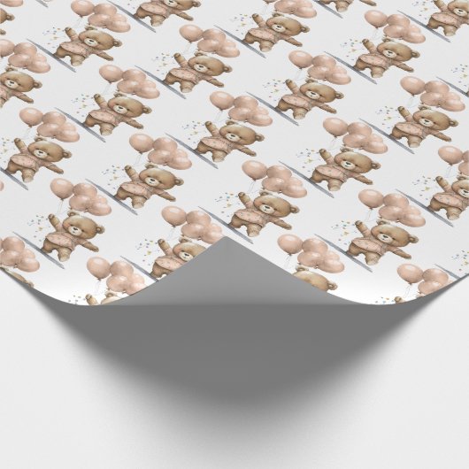 ピンクの茶色のベビーがバルーンを負担赤ちゃんシャワーギフト ラッピングペーパー (角)