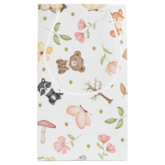 ピンクの茶色の女の子の水色ウッドランド動物 スモールペーパーバッグ (裏面)