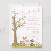 ピンクの茶色の女の子の水色ウッドランド動物 招待状 (正面)