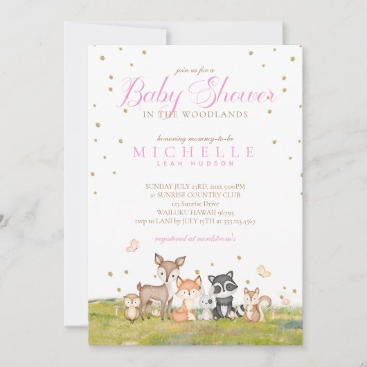 ピンクの茶色の女の子の水色ウッドランド動物 招待状 (正面)