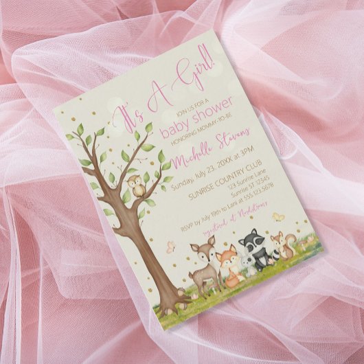 ピンクの茶色の女の子の水色ウッドランド動物 招待状
