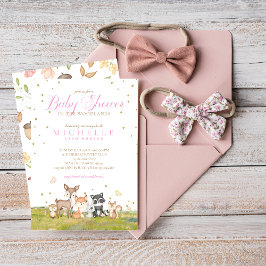 ピンクの茶色の女の子の水色ウッドランド動物 招待状