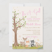 ピンクの茶色の女の子の水色ウッドランド動物 招待状 (正面)