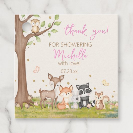 ピンクの茶色の女の子ウッドランドアニマルズスクエア フェイバータグ (正面)