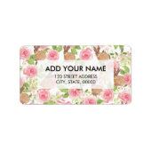 ピンクの茶色の水の色のバラフローラかわいいバニー ラベル (正面)