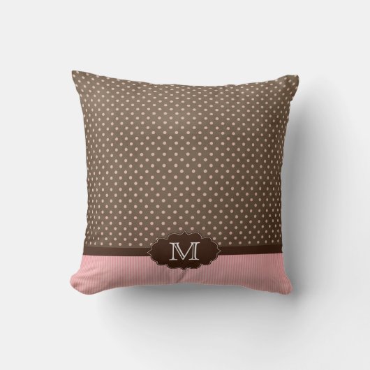 ピンクの茶色の水玉模様 + ストライプなモノグラムの枕 クッション (正面)