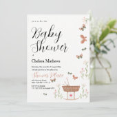 ピンクの茶色の緑の蝶のフローラ赤ちゃんシャワー 招待状 (スタンド正面)