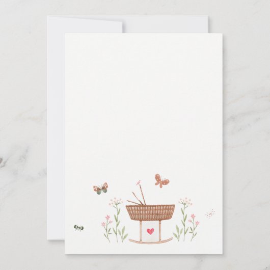 ピンクの茶色の緑の蝶のフローラ赤ちゃんシャワー 招待状 (裏面)