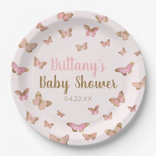 ピンクの茶色の蝶をテーマにした赤ちゃんシャワー ペーパープレート (正面)