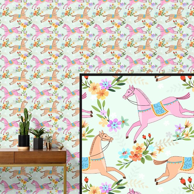 ピンクの茶色の馬と花 壁紙 (クリエイターアップロード済み)