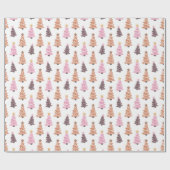 ピンクの茶色の黒いクリスマスツリーホワイトクリスマス ラッピングペーパー (フラット)