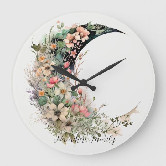ピンクの草原の花と三日月のデザインが可愛いオリジナル時計 ラージ壁時計 (正面)