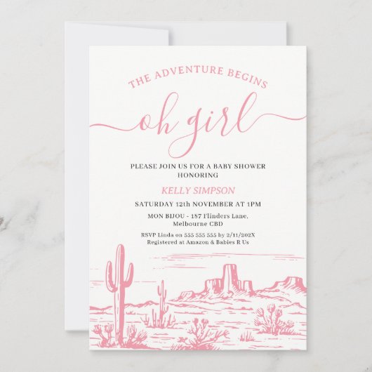 ピンクの荒野の冒険が赤ちゃんのシャワーを始める 招待状 (正面)