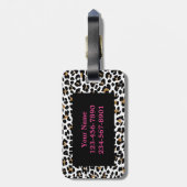 ピンクの荷物のラベルが付いているモノグラムのヒョウのプリント ラゲッジタグ (裏面縦)