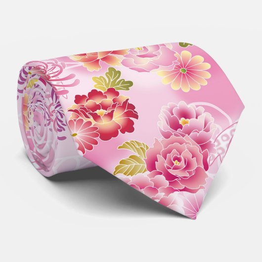 ピンクの菊と牡丹の花模様 ネクタイ (ロール)