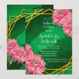 ピンクの菊の幾何学的な花嫁のメイドの昼食会 招待状