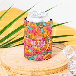 ピンクの華やかな花とゴールドのディスコボール ハッピー バースデー 缶クーラー